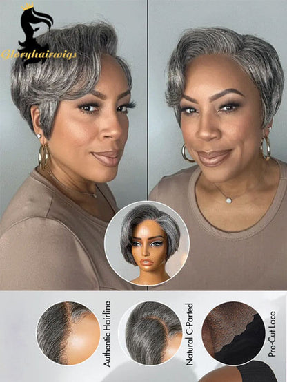 Short Salt and Pepper Pixie Cut Wig: 13x6 HD Lace Pre-Cut Glueless