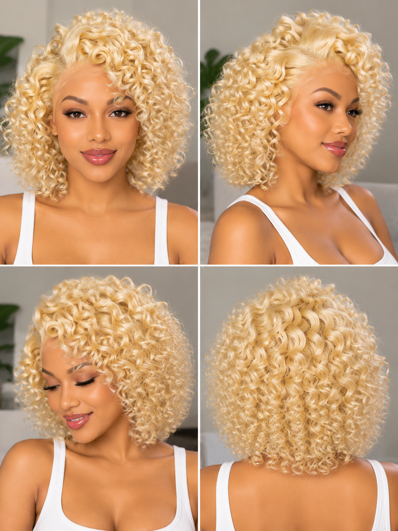 Blonde Short Curly Pixie Cut Full Lace Human Hair Wig for Black Wome