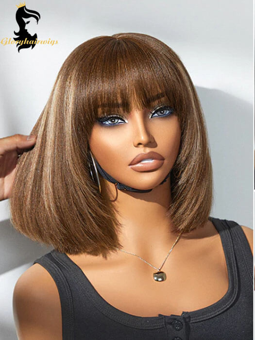 Ash Blonde Highlight Yaki Straight Bob Wig | Minimalist Glueless Lace