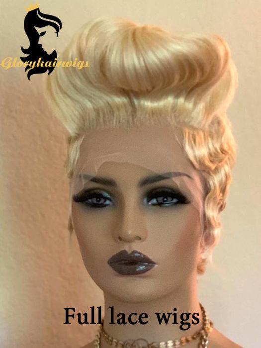 2024 Blonde Wavy short full lace human hair wigs | Gloryhairwigs